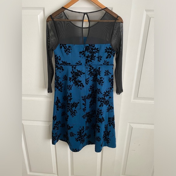 Maternity Blue Formal Dress w Black Velvet Florals & Black Mesh Neckline Medium - Picture 4 of 11